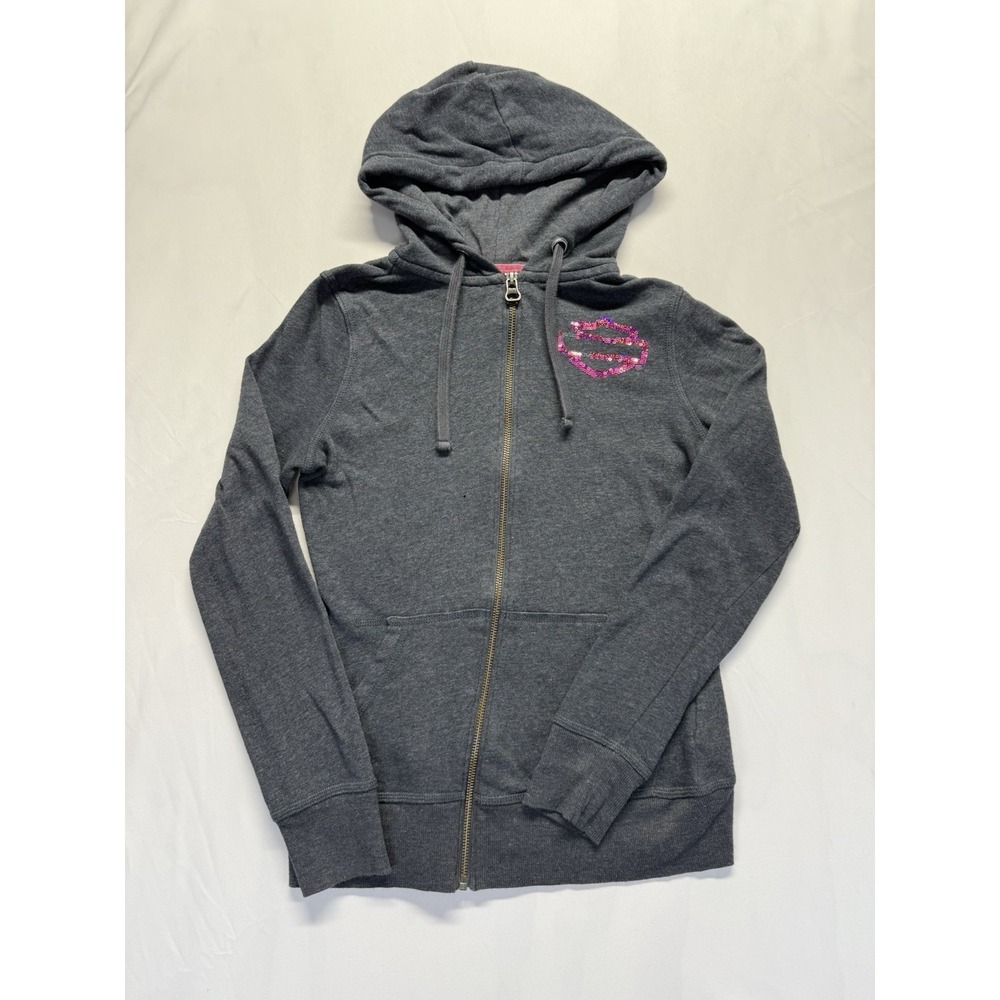 Harley-Davidson Womens Zip Hoodie XS Gray Pink Sequin Logo Y2K Biker